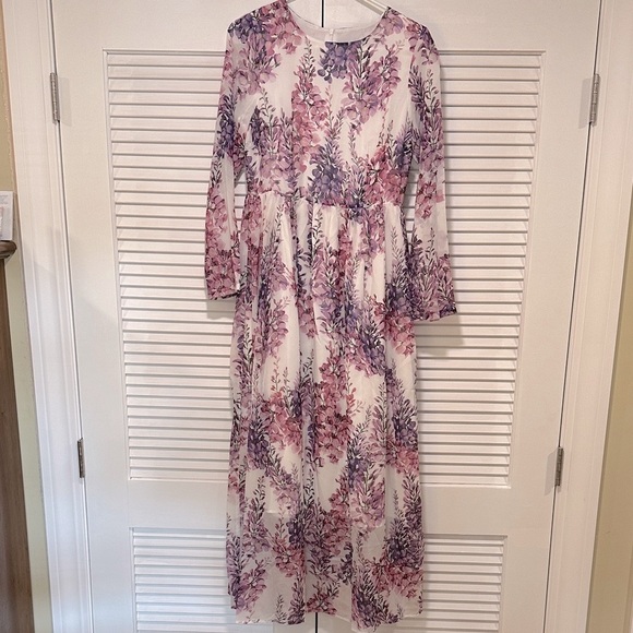 Floral Long Sleeve Maxi Dress & Scarf - Pink and Purple Chiffon - Picture 2 of 14